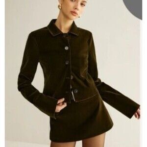 COMMENSE Velvet Lapel Short Blazer Women XL Chocolate Brown Crop Button Jacket